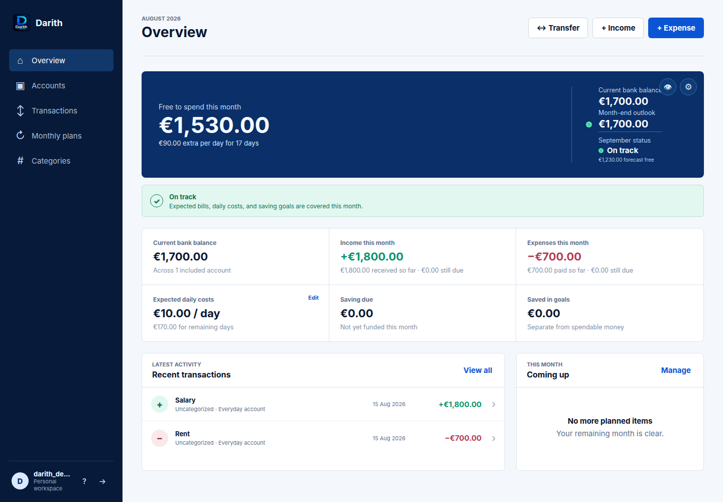 Darith dashboard overview on desktop